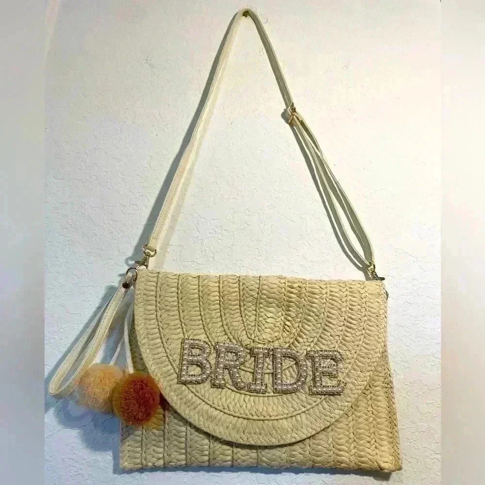 Bride Straw Shoulder Bag Woven Envelope Purse Pearl Rhinestone Appliqué Pom Poms